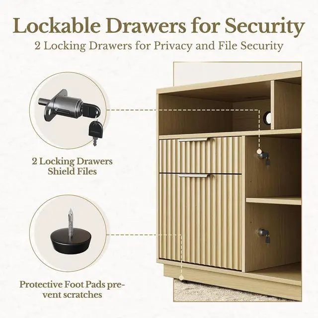 Alt view image 7 of 7 - 4 Drawer File Cabinet, Fluted Wood Lateral Filing Cabinet with Lock and Charging Station for Home Office, Printer Stand with Open Storage Shelves, Fits A4, Letter Size, Light Waulnut