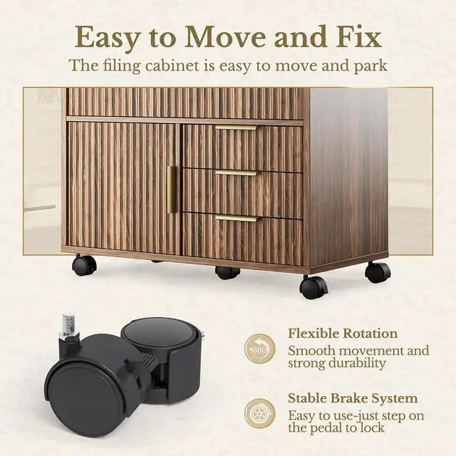 Alt view image 6 of 7 - Fluted File Cabinet with 5 Drawers, Large Storage with Cabinet Door, Mobile Filing Cabinet with Locable Wheels for Home Office, Black Walnut