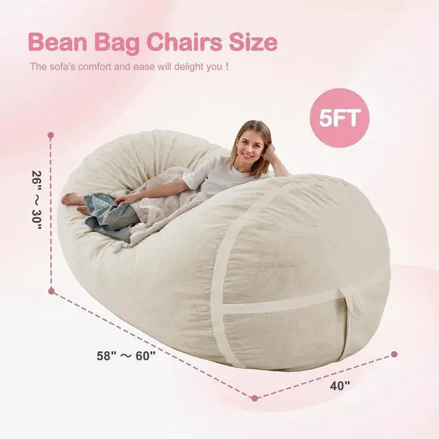 Alt view image 2 of 6 - 5ft Bean Bag Chair Giant Bean Bag Chairs for Adults with Memory Foam Filled, Large Beanbag Chair with Removable Dutch Velvet Cover for Living Room, Bedroom, Dorm, White