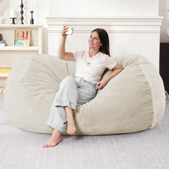 Alt view image 3 of 6 - 5ft Bean Bag Chair Giant Bean Bag Chairs for Adults with Memory Foam Filled, Large Beanbag Chair with Removable Dutch Velvet Cover for Living Room, Bedroom, Dorm, White