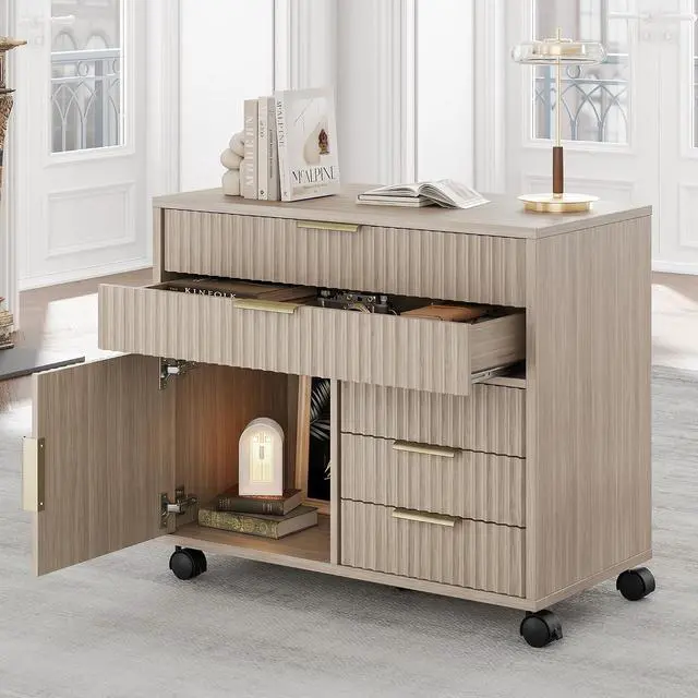 Main image of Fluted File Cabinet with 5 Drawers, Large Storage with Cabinet Door, Mobile Filing Cabinet with Locable Wheels for Home Office, Light Oak