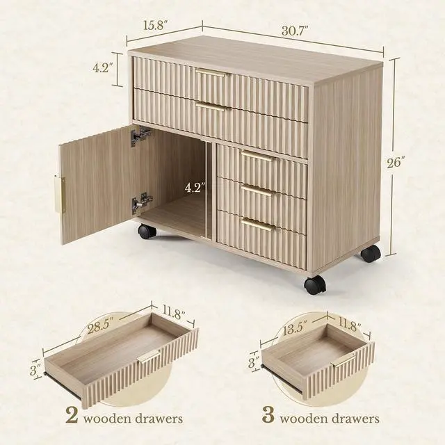 Alt view image 2 of 7 - Fluted File Cabinet with 5 Drawers, Large Storage with Cabinet Door, Mobile Filing Cabinet with Locable Wheels for Home Office, Natural Oak