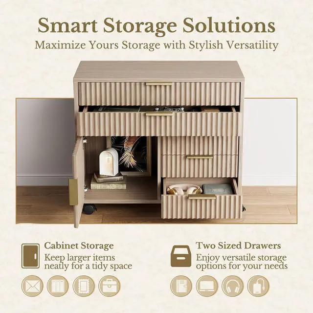 Alt view image 5 of 7 - Fluted File Cabinet with 5 Drawers, Large Storage with Cabinet Door, Mobile Filing Cabinet with Locable Wheels for Home Office, Natural Oak