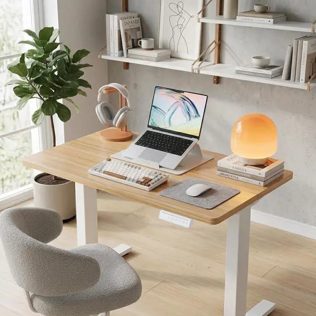 Alt view image 2 of 7 - 32" Small Electric Standing Desk Adjustable Height, 4 Memory Height Settings, Sit Stand Up Desk for Home Office & Computer Workstation, LightWalnut