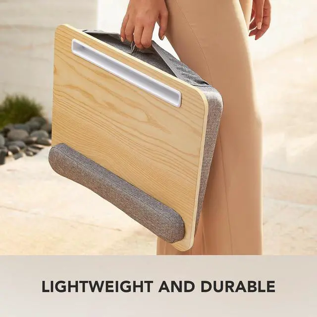 Alt view image 7 of 7 - Laptop Lap Desk - Portable Lap Desk with Pillow Cushion, Fits up to 15.6 inch Laptop, with Anti-Slip Strip & Storage Function for Home Office Students Use as Computer Laptop Stand - Light Wood