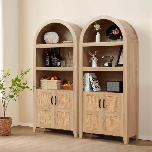 Alt view image 6 of 7 - 71'' Arched Storage Cabinet with Door, Tall Bookshelf with Adjustable Shelf, Modern Farmhouse Wooden Bookcase Kitchen Pantry Cabinet for Living Room, Natural (Natural Rattan)