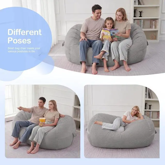 Alt view image 3 of 5 - Bean Bag Chair, 4FT Large Bean Bag Chair with Memory Foam, Ultra-Soft Corduroy Cover & Zipper Design, Portable Handle Comfy Bean Bag Sofa for Living Room, Bedroom, No Assembly - Light Grey