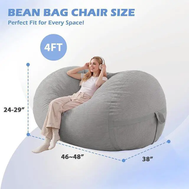 Main image of Bean Bag Chair, 4FT Large Bean Bag Chair with Memory Foam, Ultra-Soft Corduroy Cover & Zipper Design, Portable Handle Comfy Bean Bag Sofa for Living Room, Bedroom, No Assembly - Light Grey