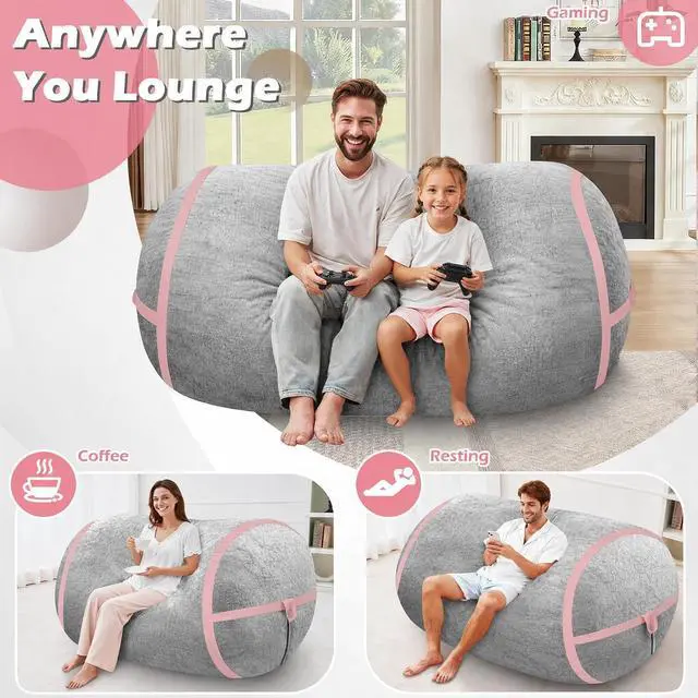 Alt view image 4 of 6 - 5FT BeanBag Chair,Giant BeanBag Chairs with Memory Foam Filled, Ultra-Soft Velvet with Portable Handle & Removable Cover, Comfy BeanBag Sofa for Living Room, No Assembly - Light Grey & Pink