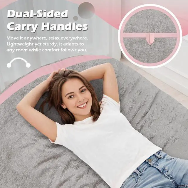 Alt view image 5 of 6 - 6FT BeanBag Chair,Giant BeanBag Chairs with Memory Foam Filled, Ultra-Soft Velvet with Portable Handle & Removable Cover, Comfy BeanBag Sofa for Living Room, No Assembly - Light Grey & Pink