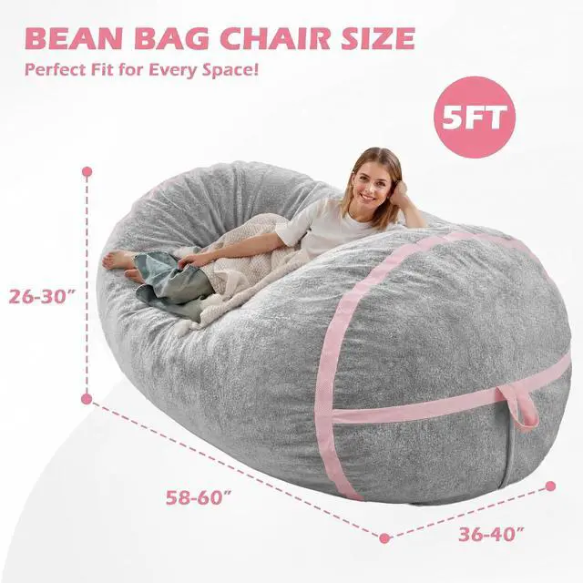 Alt view image 2 of 6 - 5FT BeanBag Chair,Giant BeanBag Chairs with Memory Foam Filled, Ultra-Soft Velvet with Portable Handle & Removable Cover, Comfy BeanBag Sofa for Living Room, No Assembly - Light Grey & Pink
