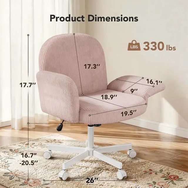Alt view image 2 of 7 - Criss Cross Office Chair for Girls, Cross Legged Desk Chair with Adjustable Armrests, Soft Corduroy Fabric for Small Spaces, Home Office Computer Chair for Petite Women, Pink