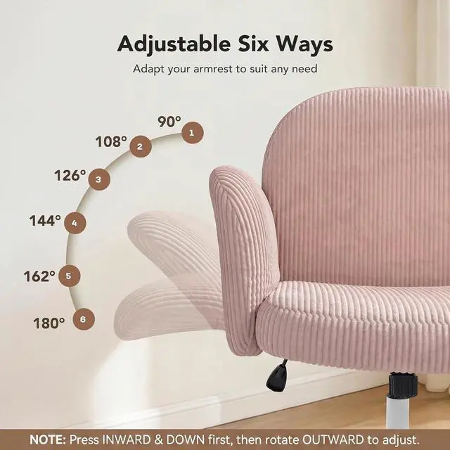 Alt view image 4 of 7 - Criss Cross Office Chair for Girls, Cross Legged Desk Chair with Adjustable Armrests, Soft Corduroy Fabric for Small Spaces, Home Office Computer Chair for Petite Women, Pink