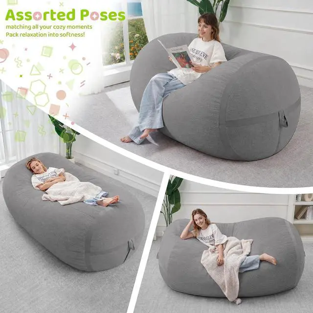 Alt view image 4 of 6 - Bean Bag Chair, 6FT Large Bean Bag Chair with Removable Cover, Comfy Beanbag Chair with Memory Foam Filling, Bean Bag Sofa for Living Room Bedroom Reading Room, Light Grey