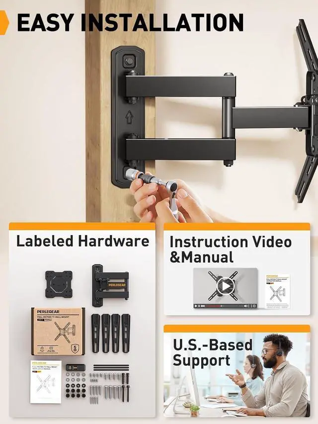 Alt view image 7 of 7 - Full Motion TV Wall Mount for Most 2650 Inch TVs, Max VESA 300 x 300mm, TV Monitor Wall Mount Bracket with Rotation, Swivel, Tilt, Extension and Leveling Adjustment, Holds up to 55 lbs