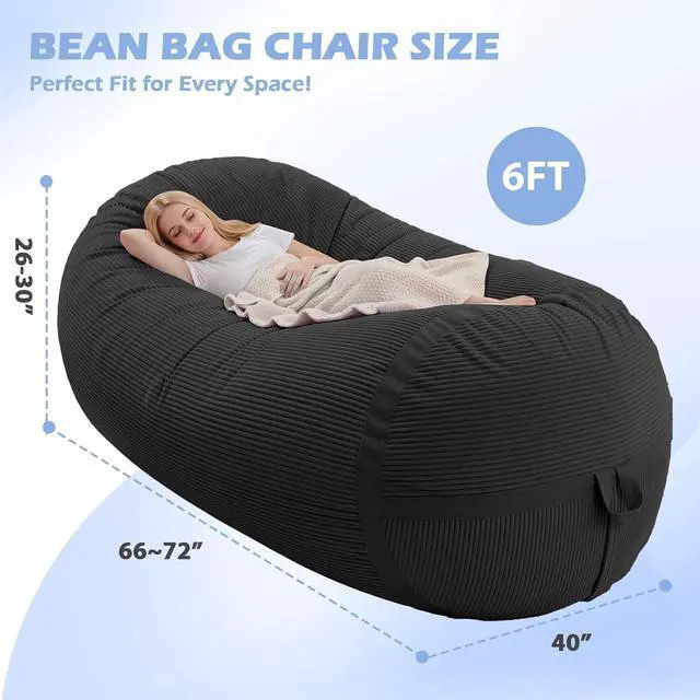 Alt view image 2 of 6 - Bean Bag Chair, 6FT Giant Bean Bag Chair with Memory Foam, Ultra-Soft Corduroy Cover & Zipper Design, Portable Handle Comfy Bean Bag Sofa for Living Room, Bedroom, No Assembly - Black