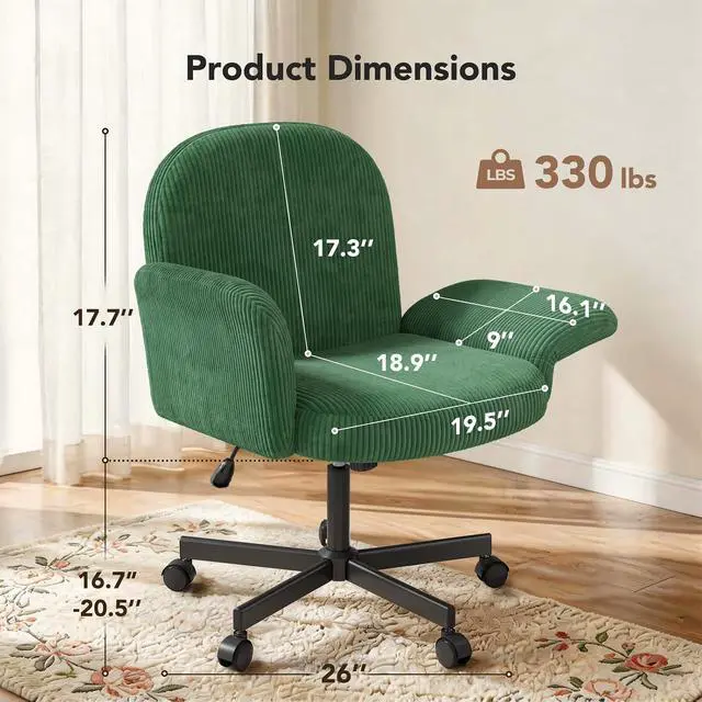 Alt view image 2 of 7 - Criss Cross Office Chair for Girls, Desk Chair with Adjustable Armrests, Soft Corduroy Fabric for Small Spaces, Home Office Computer Chair for Petite Women, Deep Green