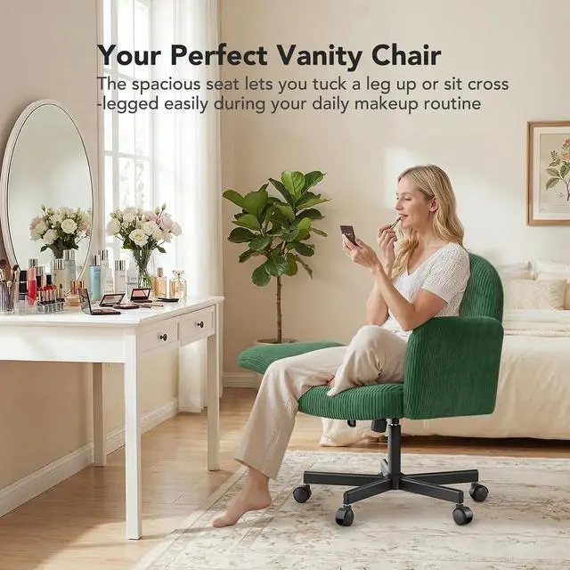 Alt view image 3 of 7 - Criss Cross Office Chair for Girls, Desk Chair with Adjustable Armrests, Soft Corduroy Fabric for Small Spaces, Home Office Computer Chair for Petite Women, Deep Green