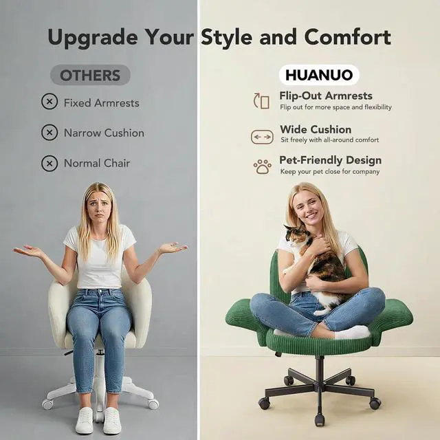 Alt view image 5 of 7 - Criss Cross Office Chair for Girls, Desk Chair with Adjustable Armrests, Soft Corduroy Fabric for Small Spaces, Home Office Computer Chair for Petite Women, Deep Green