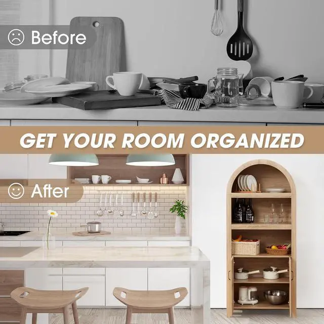Alt view image 7 of 7 - 71'' Arched Storage Cabinet with Beech-Rattan Door, Tall Bookshelf with Adjustable Shelves, Modern Farmhouse Wooden Bookcase Kitchen Pantry Cabinet for Living Room, Natural
