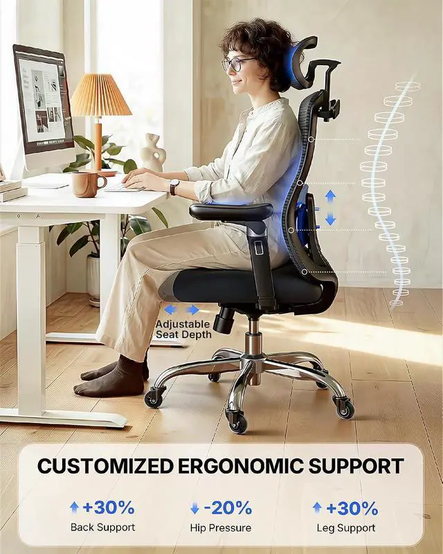 Alt view image 3 of 7 - Ergonomic Office Chair with 6D Armrest, Seat Depth Adjustment, Lumbar Support, Quiet Rubber Caster, High Back Mesh Gaming Chair with 3D Headrest, Big and Tall Chair for Home Office, Pack of 10