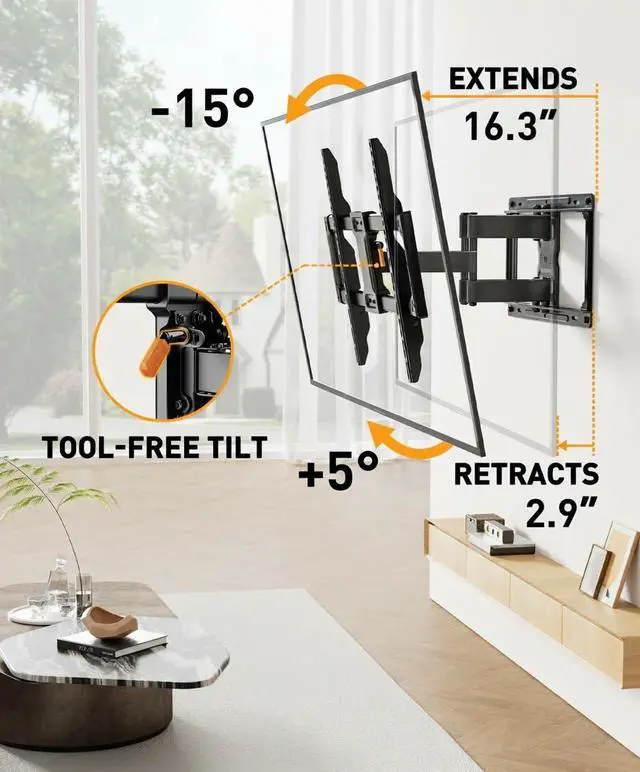 Alt view image 6 of 7 - Full Motion TV Wall Mount, Heavy Duty TV Mount for 42 55 65 75 85 86 inch Flat/Curved TVs up to 132 lbs, Swivel Tilt Articulating Wall Mount TV Bracket, 16" Studs, Max VESA 600x400mm, PGLF12