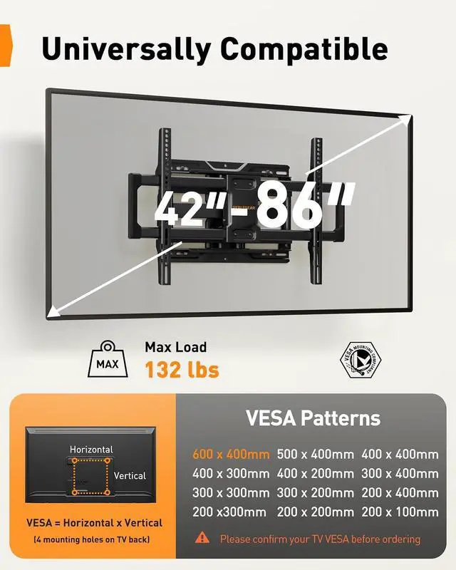 Alt view image 2 of 7 - Full Motion TV Wall Mount, Heavy Duty TV Mount for 42 55 65 75 85 86 inch Flat/Curved TVs up to 132 lbs, Swivel Tilt Articulating Wall Mount TV Bracket, 16" Studs, Max VESA 600x400mm, PGLF12