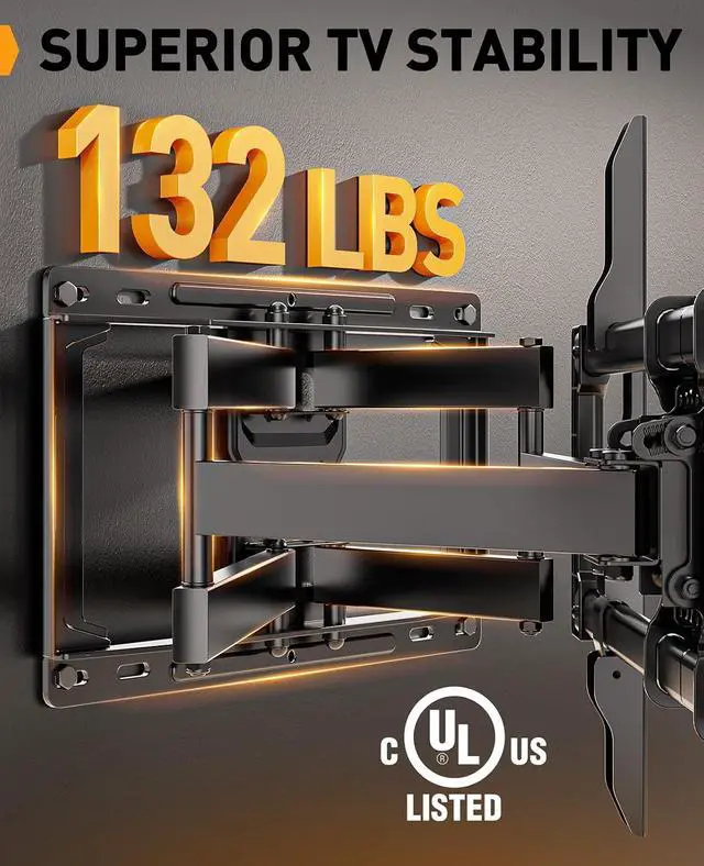 Alt view image 3 of 7 - Full Motion TV Wall Mount, Heavy Duty TV Mount for 42 55 65 75 85 86 inch Flat/Curved TVs up to 132 lbs, Swivel Tilt Articulating Wall Mount TV Bracket, 16" Studs, Max VESA 600x400mm, PGLF12