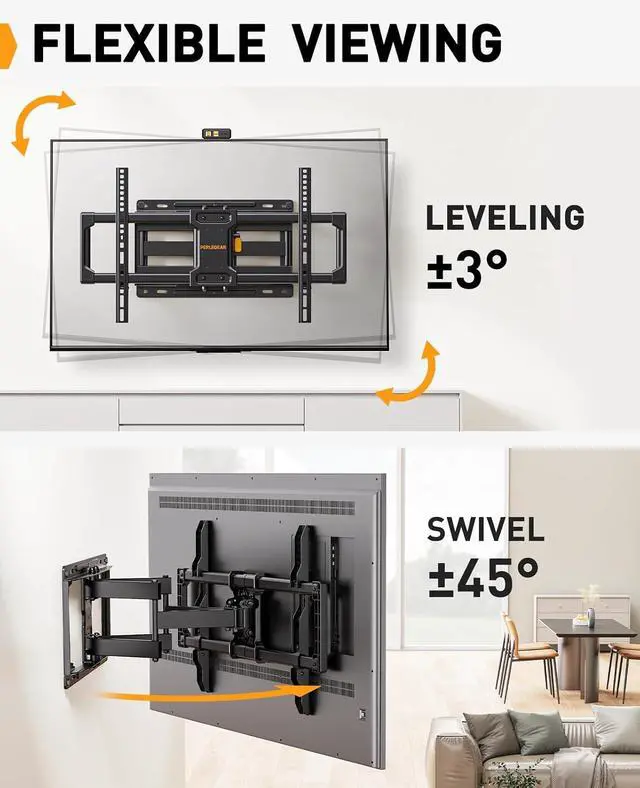 Alt view image 5 of 7 - Full Motion TV Wall Mount, Heavy Duty TV Mount for 42 55 65 75 85 86 inch Flat/Curved TVs up to 132 lbs, Swivel Tilt Articulating Wall Mount TV Bracket, 16" Studs, Max VESA 600x400mm, PGLF12
