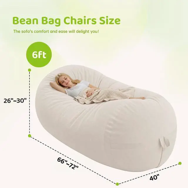 Alt view image 2 of 6 - Bean Bag Chair, 6FT Large Bean Bag Chair with Removable Cover, Comfy Beanbag Chair with Memory Foam Filling, Bean Bag Sofa for Living Room Bedroom Reading Room, White