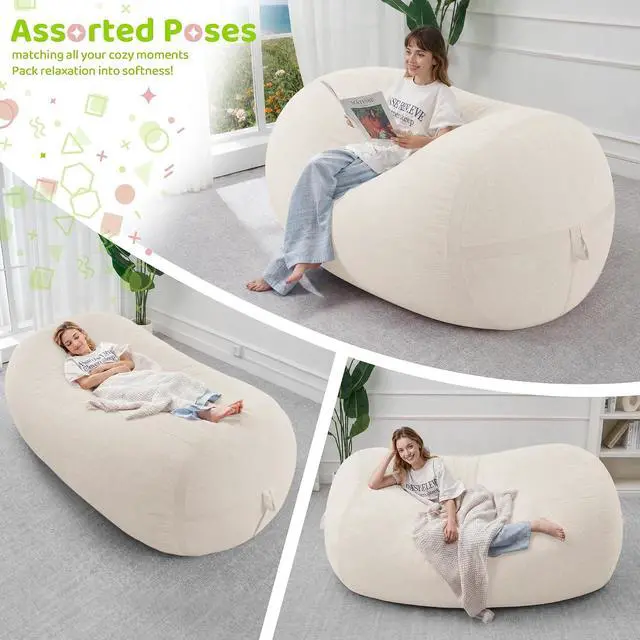 Alt view image 4 of 6 - Bean Bag Chair, 6FT Large Bean Bag Chair with Removable Cover, Comfy Beanbag Chair with Memory Foam Filling, Bean Bag Sofa for Living Room Bedroom Reading Room, White