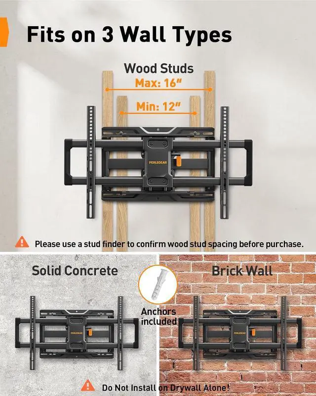 Alt view image 4 of 7 - Full Motion TV Wall Mount, Heavy Duty TV Mount for 42 55 65 75 85 86 inch Flat/Curved TVs up to 132 lbs, Swivel Tilt Articulating Wall Mount TV Bracket, 16" Studs, Max VESA 600x400mm, PGLF12