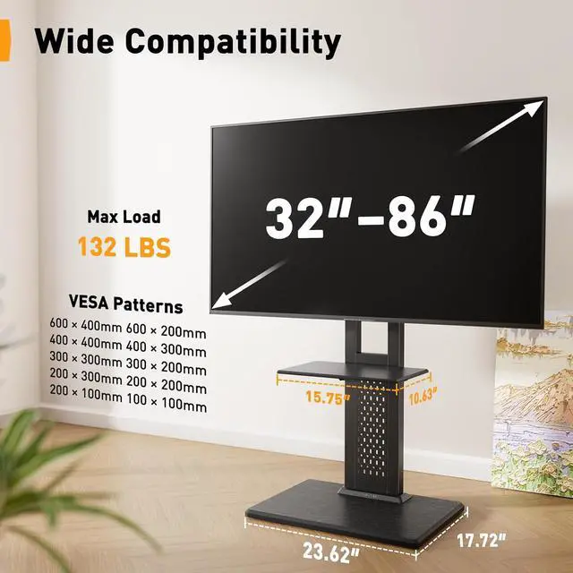 Alt view image 4 of 7 - Floor TV Stand with Mount for 32-86" TVs up to 132 lbs, Tall TV Stand with Pegboard and 6 Height Settings, TV Swivel Stand with Wooden Base, Max VESA 600x400mm PGFS13