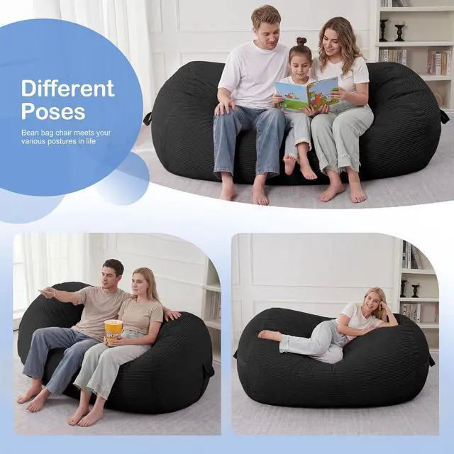 Alt view image 4 of 6 - Bean Bag Chair, 6FT Giant Bean Bag Chair with Memory Foam, Ultra-Soft Corduroy Cover & Zipper Design, Portable Handle Comfy Bean Bag Sofa for Living Room, Bedroom, No Assembly - Black
