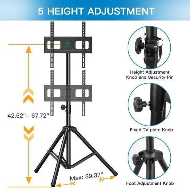 Alt view image 4 of 7 - TV Tripod Stand with ±20° Tilt and 360° Swivel,Portable TV Stand for 23-70 Inch LED LCD OLED Flat Screen TVs,Height Adjustable Outdoor TV Stand with VESA 400x400mm, Holds up to 88lbs PSTM1