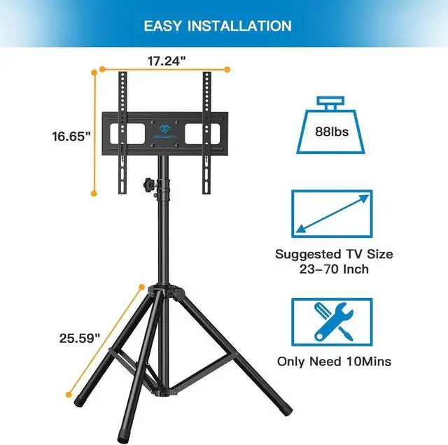 Alt view image 5 of 7 - TV Tripod Stand with ±20° Tilt and 360° Swivel,Portable TV Stand for 23-70 Inch LED LCD OLED Flat Screen TVs,Height Adjustable Outdoor TV Stand with VESA 400x400mm, Holds up to 88lbs PSTM1
