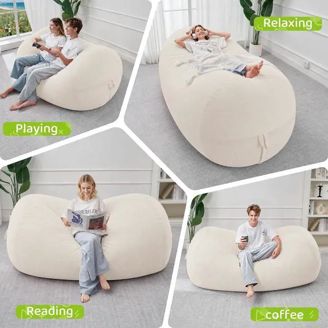 Alt view image 5 of 6 - Bean Bag Chair, 6FT Large Bean Bag Chair with Removable Cover, Comfy Beanbag Chair with Memory Foam Filling, Bean Bag Sofa for Living Room Bedroom Reading Room, White