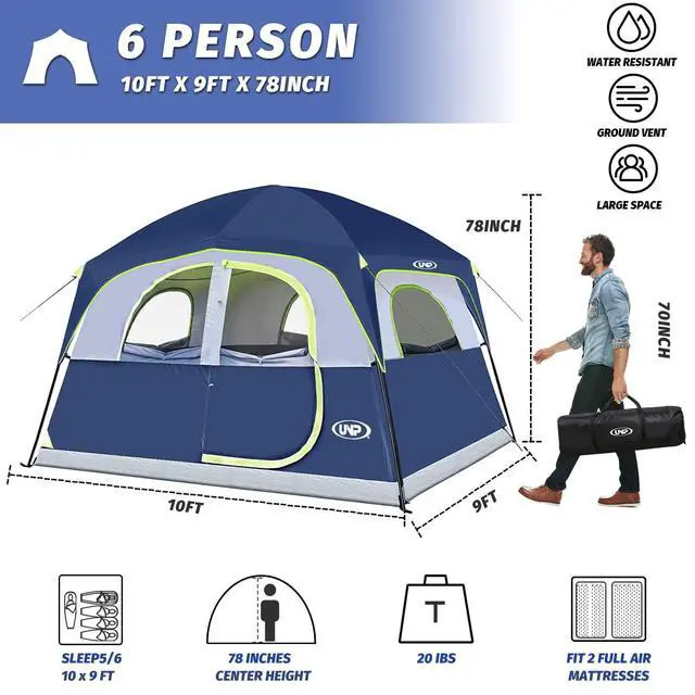 Alt view image 2 of 7 - Tents 6 Person Waterproof Windproof Easy Setup,Double Layer Family Camping Tent with 1 Mesh Door & 5 Large Mesh Windows -10'X9'X78in(H)