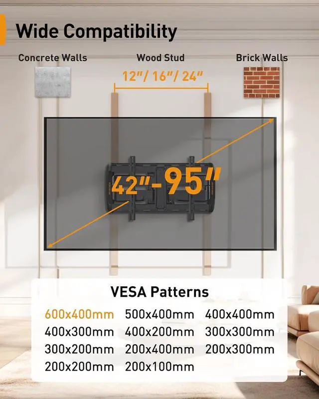 Alt view image 2 of 7 - Full Motion Sliding TV Wall Mount for 42-95 inch TVs up to 150 lbs with Cable Management, Fits 12/16/24 Wood Studs, Swivel TV Mount Bracket, Tool-Free Tilt, Max VESA 600x400mm PGTVM41B