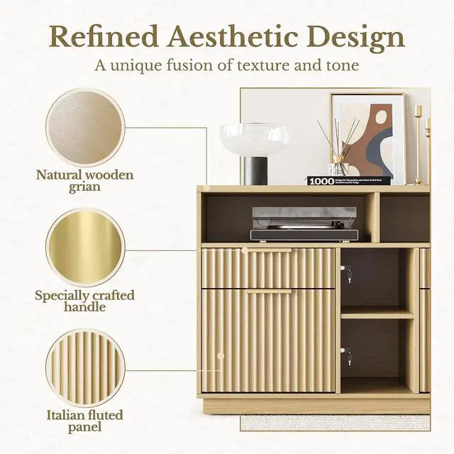 Alt view image 3 of 7 - 4 Drawer File Cabinet, Fluted Wood Lateral Filing Cabinet with Lock and Charging Station for Home Office, Printer Stand with Open Storage Shelves, Fits A4, Letter Size, Light Waulnut