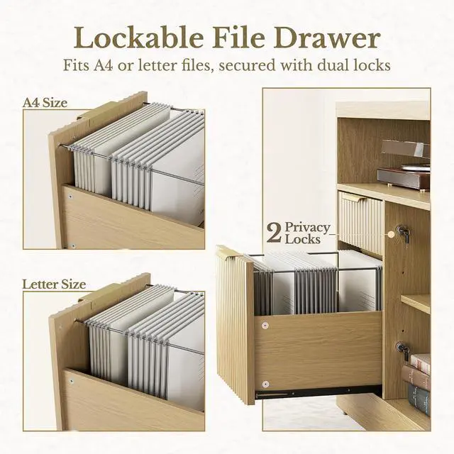 Alt view image 4 of 7 - 4 Drawer File Cabinet, Fluted Wood Lateral Filing Cabinet with Lock and Charging Station for Home Office, Printer Stand with Open Storage Shelves, Fits A4, Letter Size, Light Waulnut
