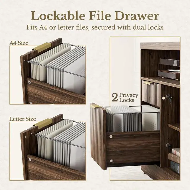 Alt view image 4 of 7 - 4 Drawer File Cabinet, Fluted Wood Lateral Filing Cabinet with Lock and Charging Station for Home Office, Printer Stand with Open Storage Shelves, Fits A4, Letter Size, Black Waulnut