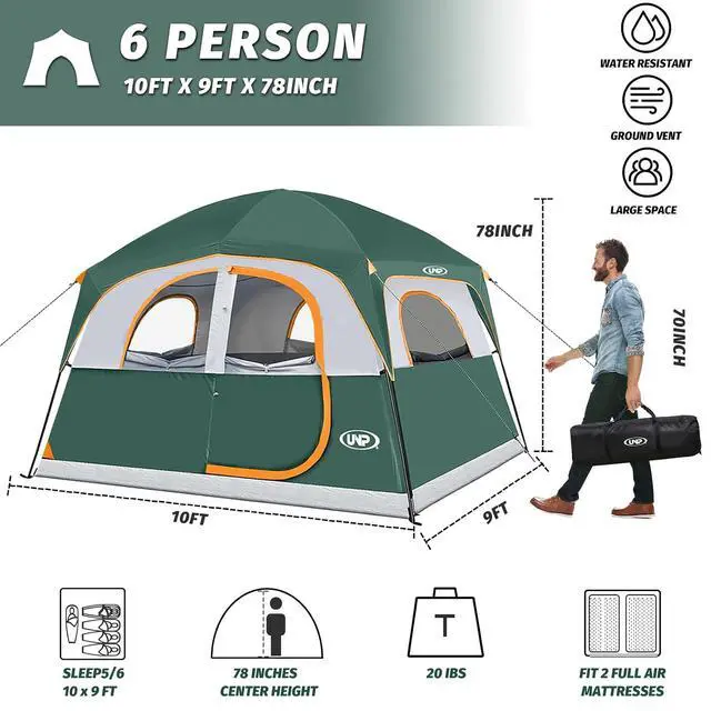 Alt view image 2 of 6 - Tents 6 Person Waterproof Windproof Easy Setup,Double Layer Family Camping Tent with 1 Mesh Door & 5 Large Mesh Windows -10'X9'X78in(H)
