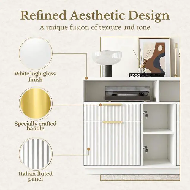Alt view image 7 of 7 - 4 Drawer File Cabinet, Fluted Wood Lateral Filing Cabinet with Lock and Charging Station for Home Office, Printer Stand with Open Storage Shelves, Fits A4, Letter Size Files, White