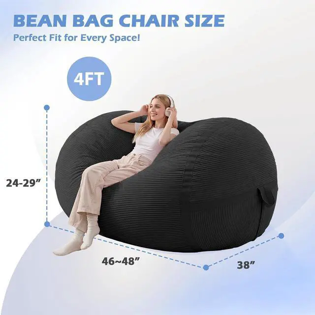 Alt view image 2 of 6 - Bean Bag Chair, 4FT Large Bean Bag Chair with Memory Foam, Ultra-Soft Corduroy Cover & Zipper Design, Portable Handle Comfy Bean Bag Sofa for Living Room, Bedroom, No Assembly - Black
