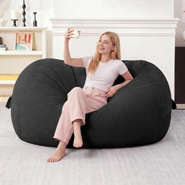 Alt view image 3 of 6 - Bean Bag Chair, 4FT Large Bean Bag Chair with Memory Foam, Ultra-Soft Corduroy Cover & Zipper Design, Portable Handle Comfy Bean Bag Sofa for Living Room, Bedroom, No Assembly - Black