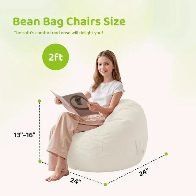 Alt view image 2 of 7 - Bean Bag Chair, 2FT Bean Bag Chairs with Memory Foam Filling, Small Beanbag Chairs with Portable Handle, Comfy Bean Bag Sofa for Living Room Bedroom Reading Room, White