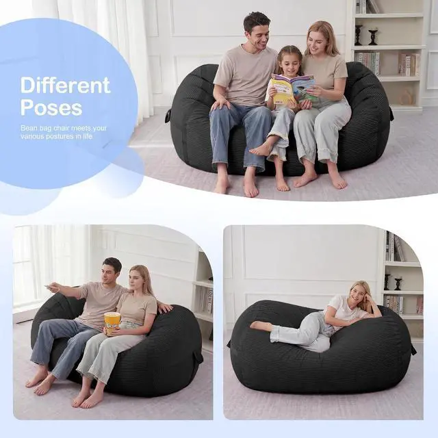 Alt view image 4 of 6 - Bean Bag Chair, 4FT Large Bean Bag Chair with Memory Foam, Ultra-Soft Corduroy Cover & Zipper Design, Portable Handle Comfy Bean Bag Sofa for Living Room, Bedroom, No Assembly - Black