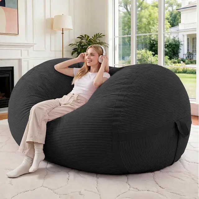 Main image of Bean Bag Chair, 4FT Large Bean Bag Chair with Memory Foam, Ultra-Soft Corduroy Cover & Zipper Design, Portable Handle Comfy Bean Bag Sofa for Living Room, Bedroom, No Assembly - Black