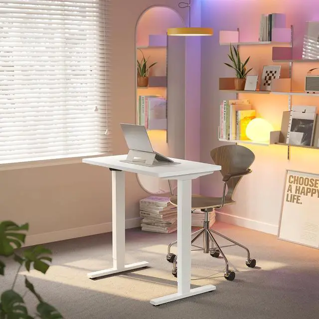 Alt view image 2 of 7 - 32x19 Inch Small Electric Standing Desk, Adjustable, White | Compact Home Office Desk, 176lbs Heavy Duty Lifting with 4 Height Presets. M8 Screw Holes Ready for DIY Mobile Wheels